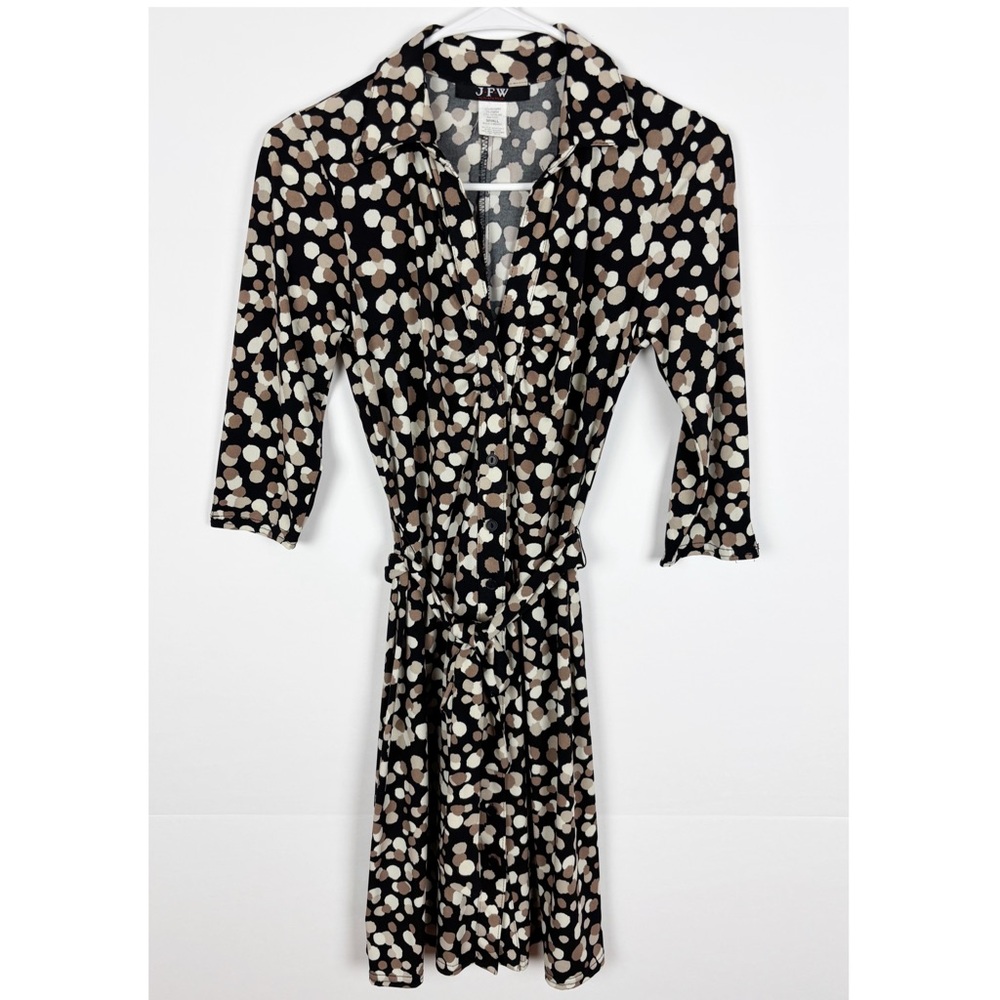 JFW Dress Size Small Button Front Black Tan Beige Dot Tie Back Y2K Retro